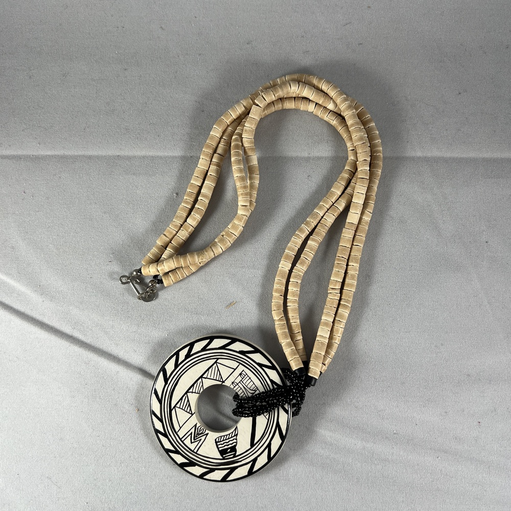 Tribal Necklace Beige Black White Geometric Multi Strand Statement Boho Bold - Picture 1 of 4